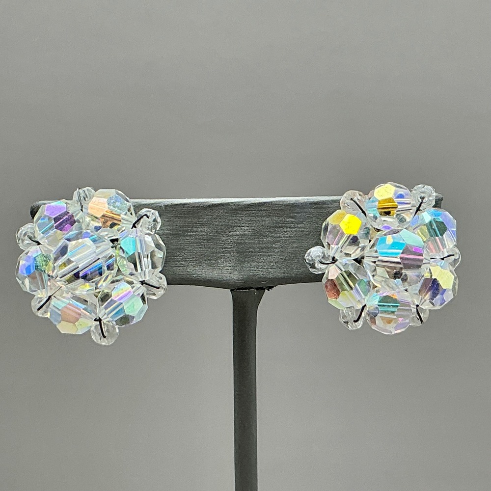 Crystal Cluster Clip On Earrings Women Clear Aurora Borealis Iridescent Vintage
